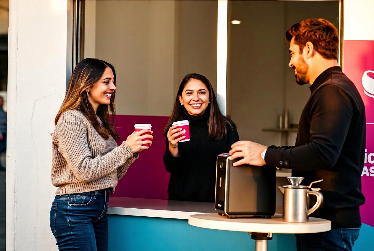 Una persona recibe un café gratis en un módulo de Café que Abraza